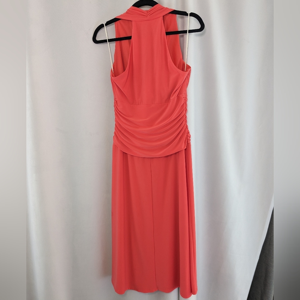 Nine West Fireglow Coral Sleeveless Ruched Halter Cocktail Dress V-Neck, Size: 8 - Picture 6 of 7